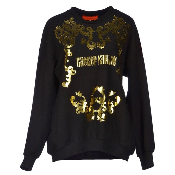 NWT! FarFetch Clover Canyon Gold Black Cyrillic Letters Sweater MEDIUM - Picture 1 of 11